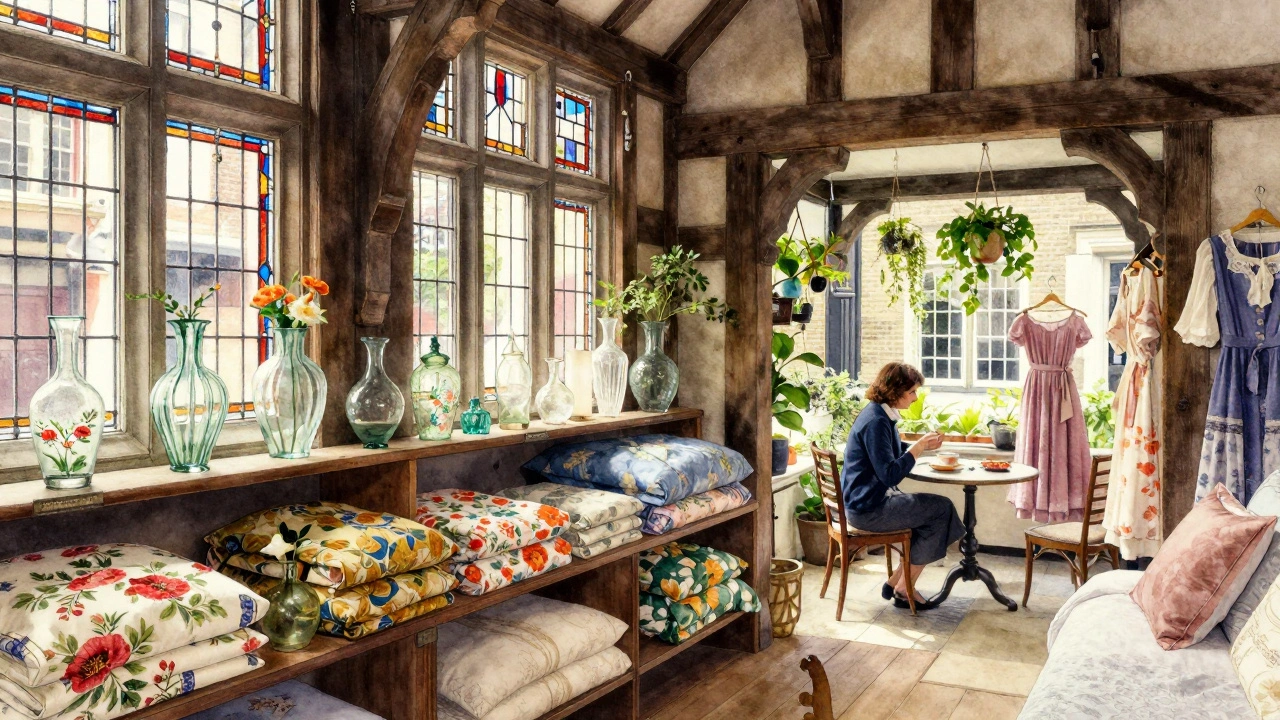 Liberty London's cozy tea area with stained-glass windows and floral fabrics in soft watercolor style.