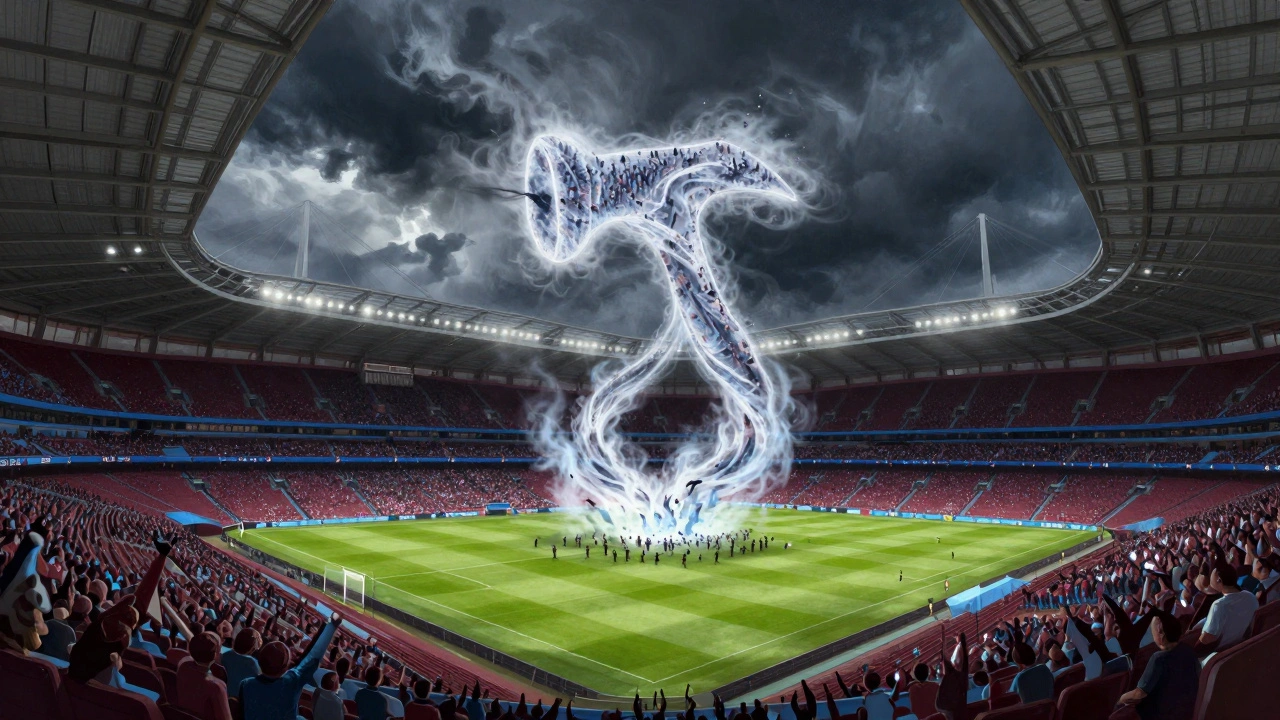 London Stadium during a West Ham match with fans forming a hammer-shaped emblem in the air.