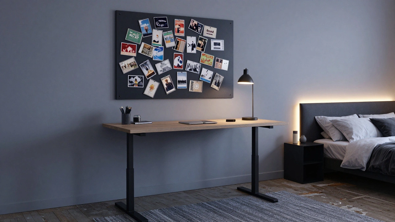 Magnetic art panel displaying vintage postcards in a small London studio apartment.