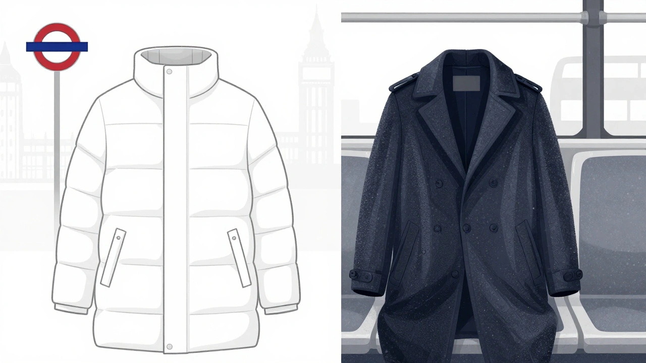 Minimalist split image: a folded puffer coat vs. a waterlogged wool coat, with subtle London transit symbols in background.