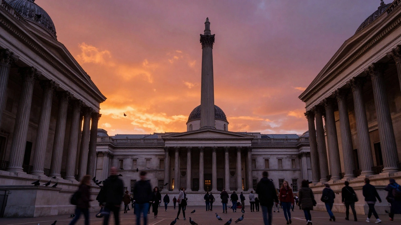 Nelson's Column framed by National Gallery columns with blurred tourists and flying pigeons.