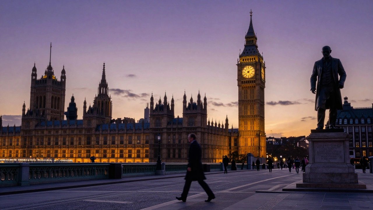 Palace of Westminster at dusk with Big Ben glowing, reflected in the Thames, statues in silhouette.