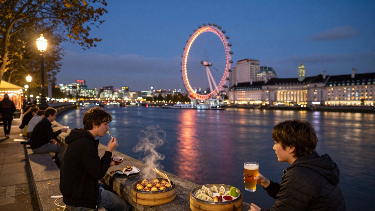 People enjoying dumplings and takoyaki by the Thames with the London Eye glowing in the background.