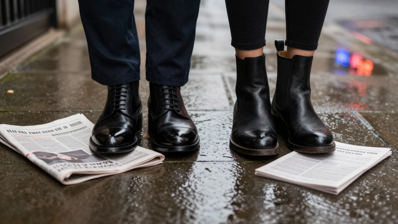 Polished black oxfords and Chelsea boots side by side on a wet London sidewalk.