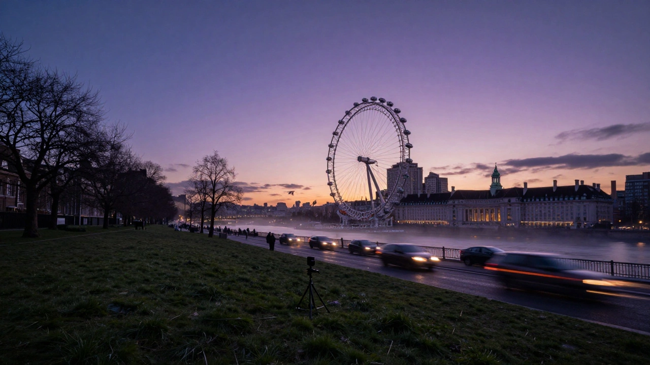 Primrose Hill at sunset with London Eye silhouette and blurred city lights streaking below.