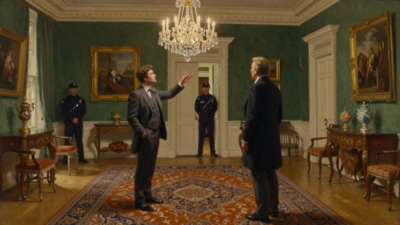 Private viewing of a historic Georgian mansion, buyer and broker in a grand room with antique furnishings and soft lighting.