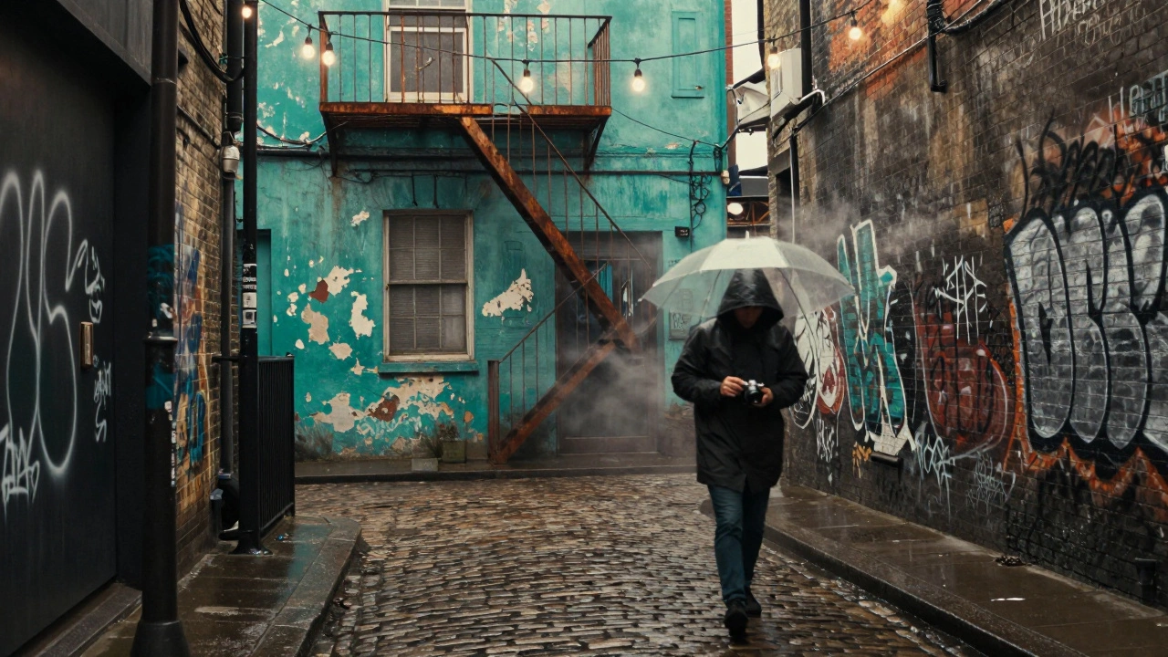 Rain-slicked alley behind Camden Market with peeling paint, fairy lights, and a walking photographer.