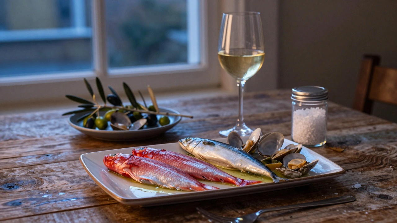 Seafood meze platter at Elia with glistening fish and Aegean salt at sunset.