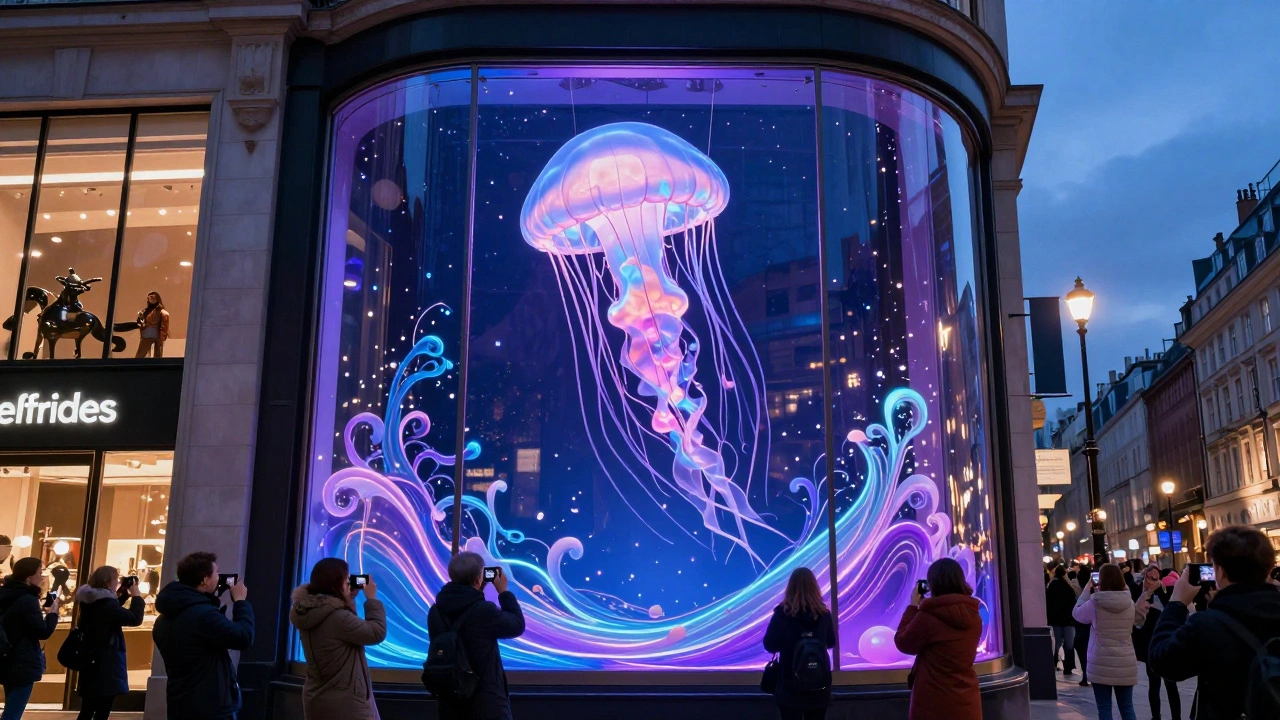 Selfridges Christmas window with a glowing jellyfish and crowd of people taking photos at night.