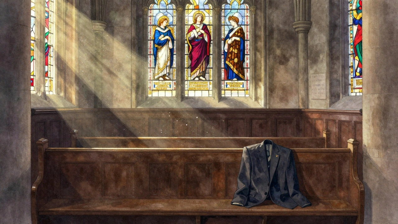 St. Margaret’s Church interior with sunlight through stained glass and an empty pew with a coat.