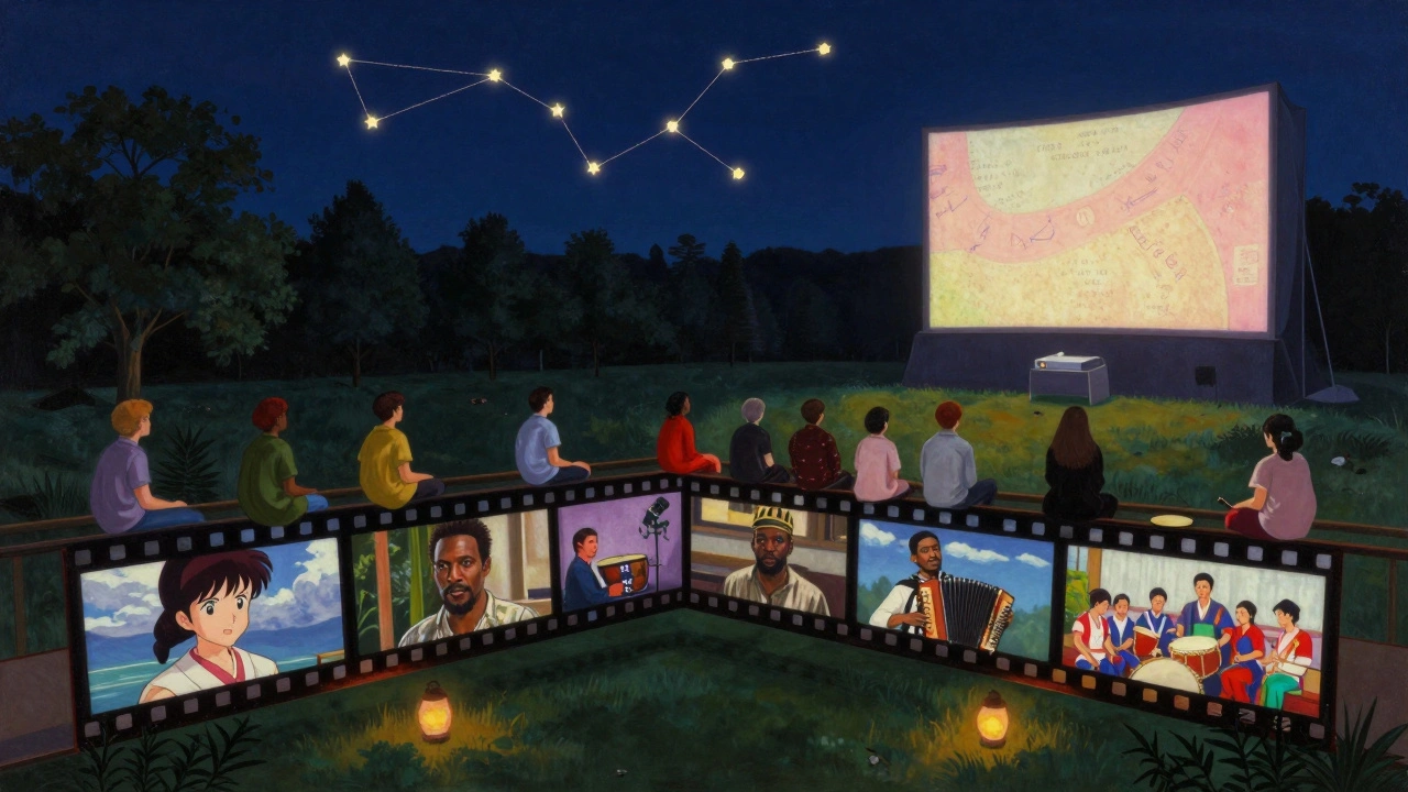 Symbolic bridge of film strips connecting people from different cultures watching a movie together at night.