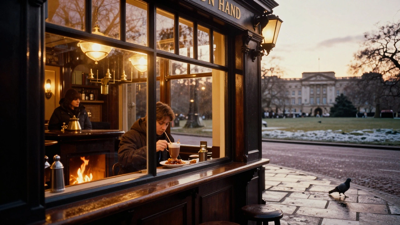 The Bird in Hand pub at dusk, warm light glowing from windows as a customer enjoys hot chocolate inside.