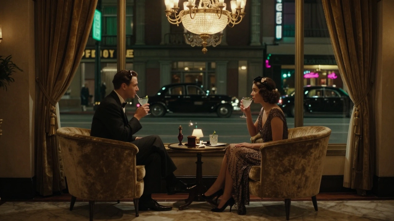 The elegant lobby of The Savoy Hotel at night, with guests enjoying drinks by a window lit by chandelier glow.