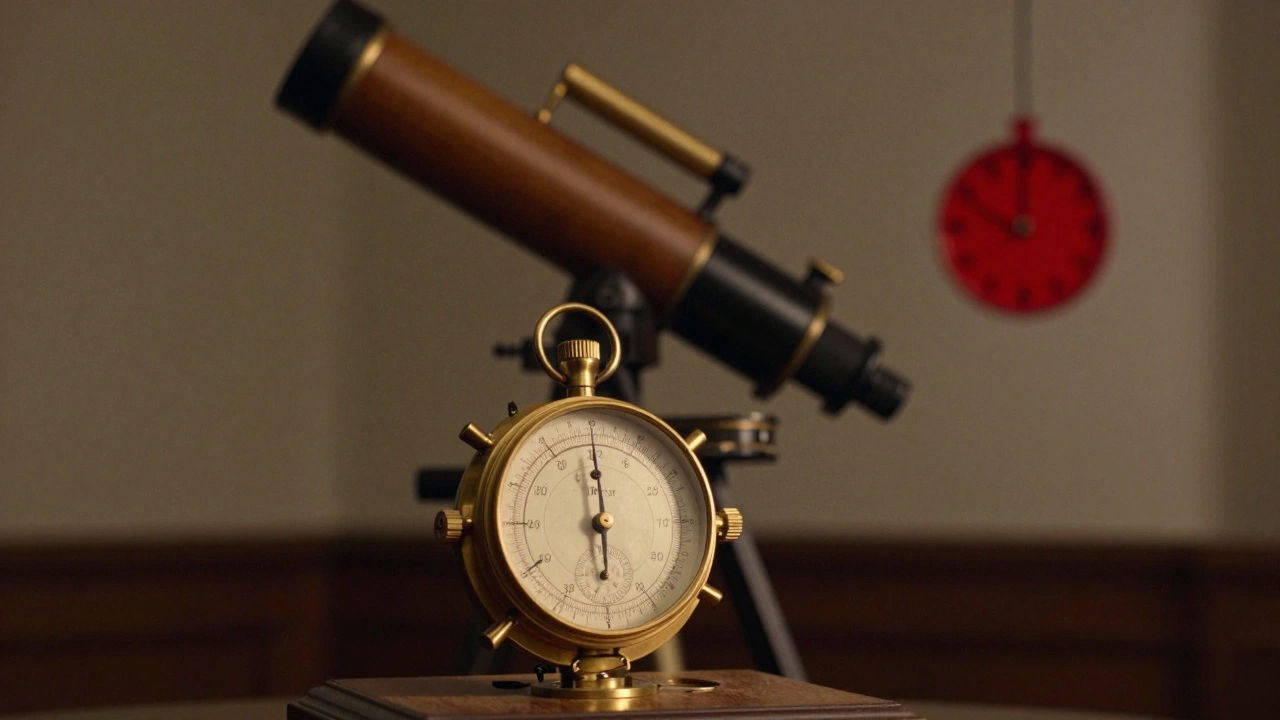 The historic H4 marine chronometer on display, with the Great Equatorial Telescope in the background.