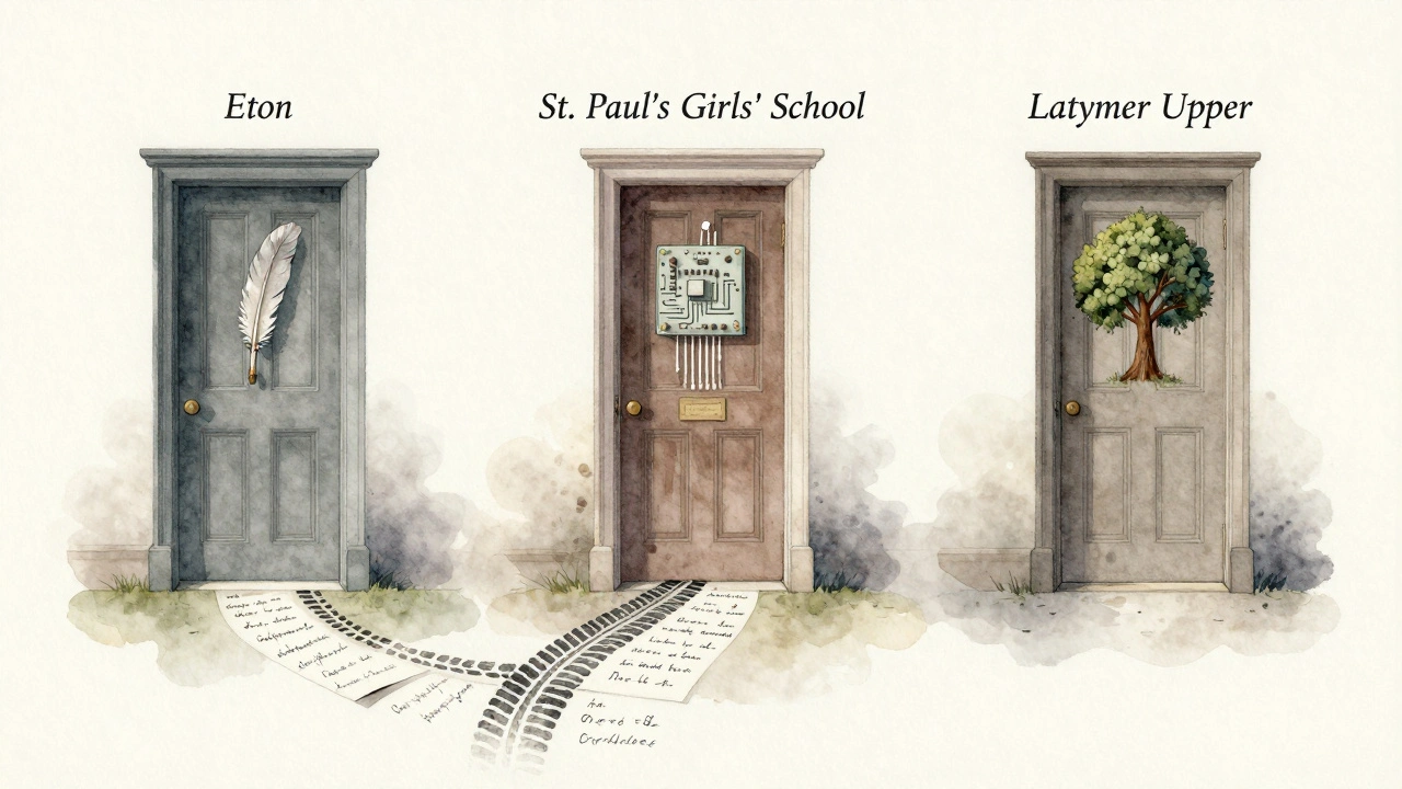 Three symbolic doorways representing elite London schools, connected by a path of notes and car tracks.