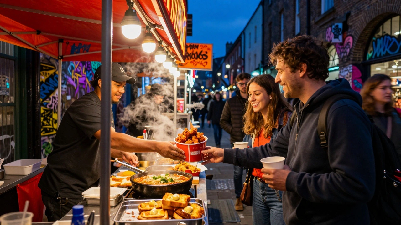 Vibrant Camden Market food stalls at night serving fried chicken and seafood dishes under string lights.