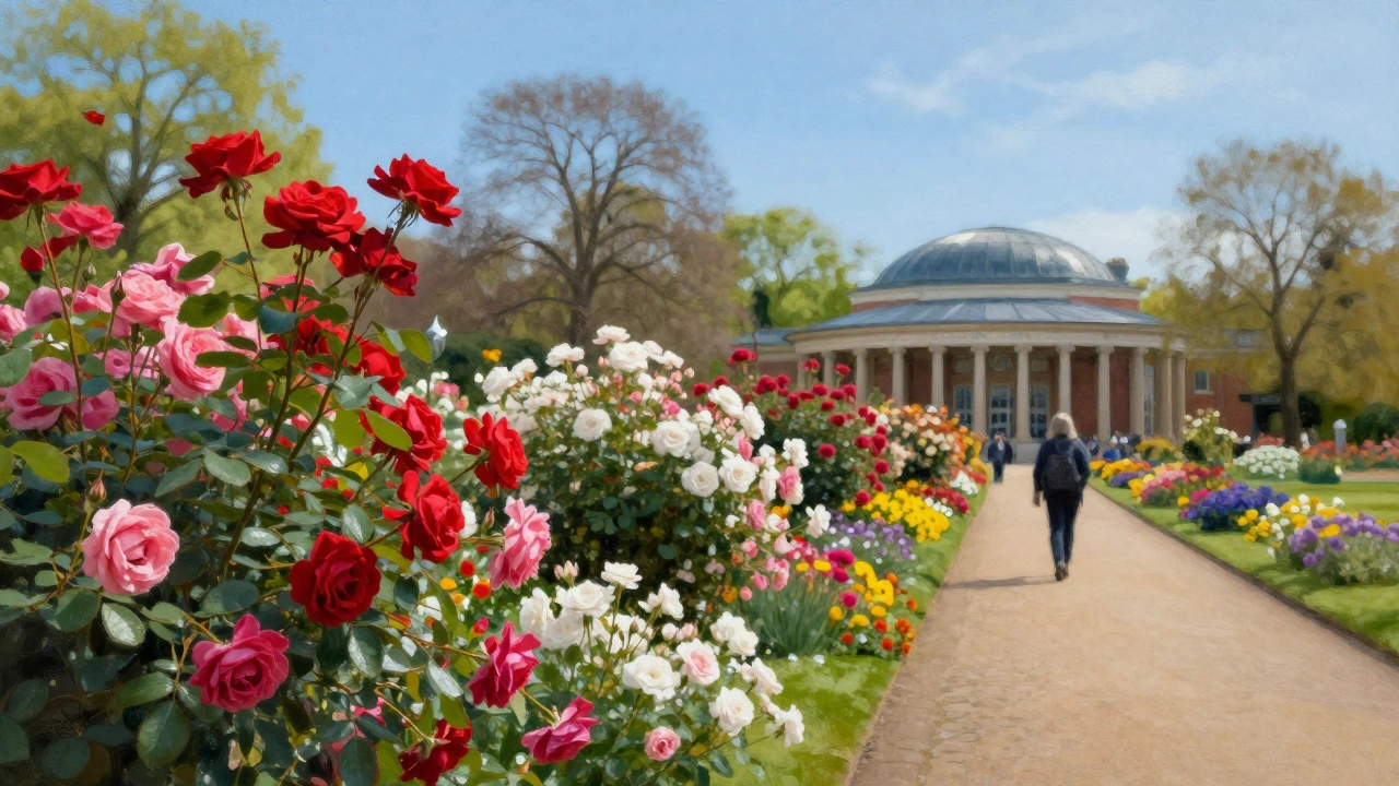Vibrant rose gardens in Regent’s Park with a walker on a flower-lined path and theatre in the background.