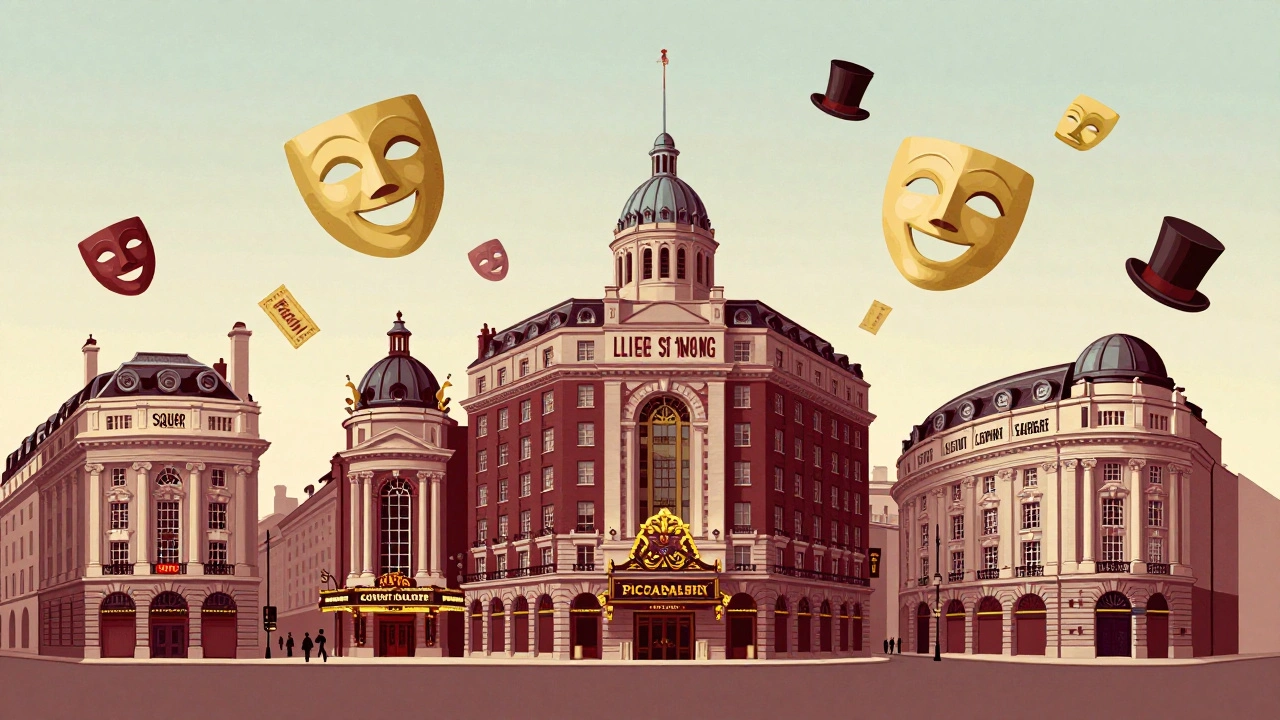 Vintage poster showing five London hotels near theatres with walking times, illustrated in 1930s style with theatre symbols.