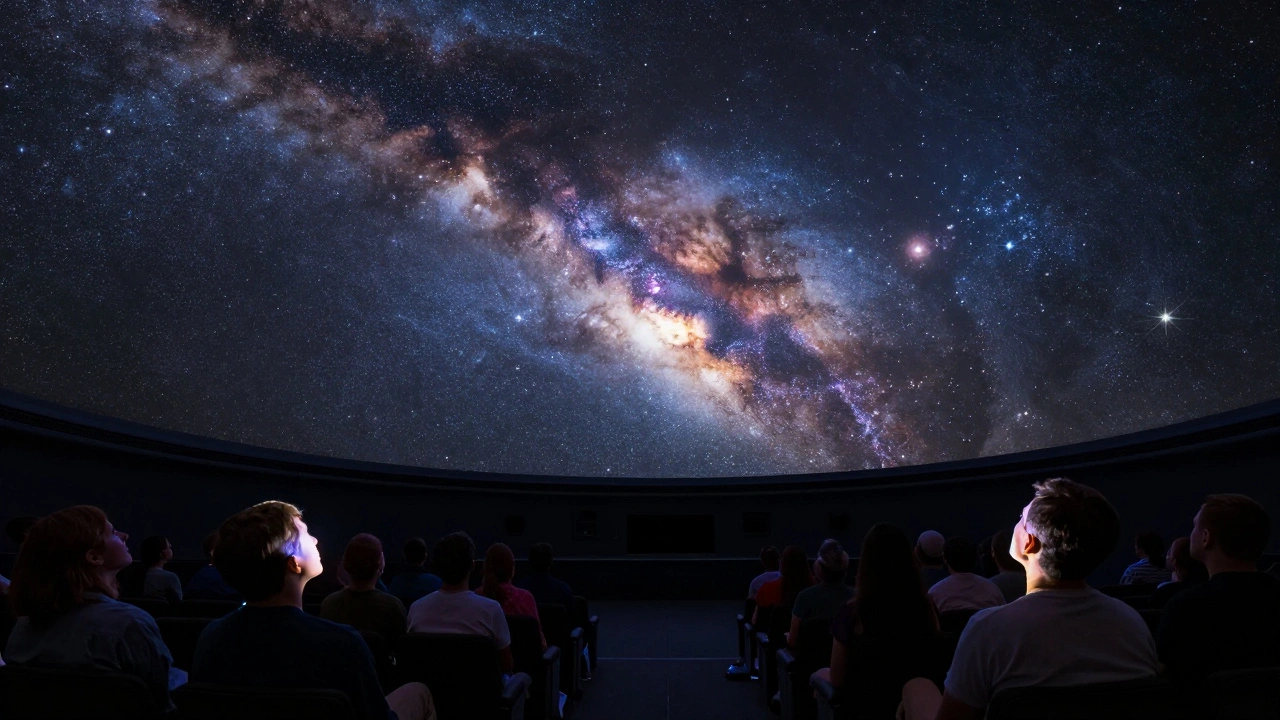 Visitors under a star-filled planetarium dome, surrounded by glowing nebulae and galaxies.