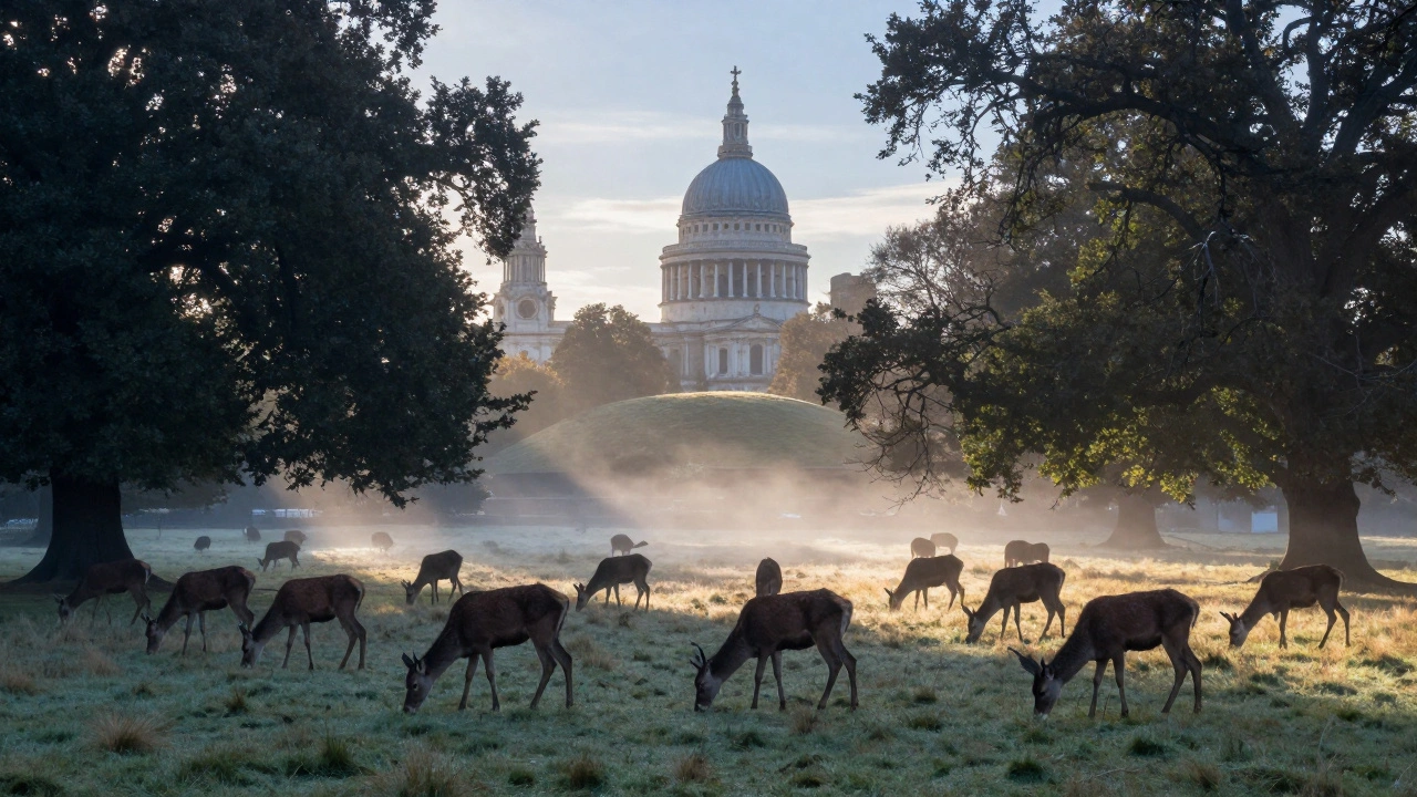 Wild deer grazing in Richmond Park at dawn, St. Paul’s Cathedral framed between trees on a misty hill.
