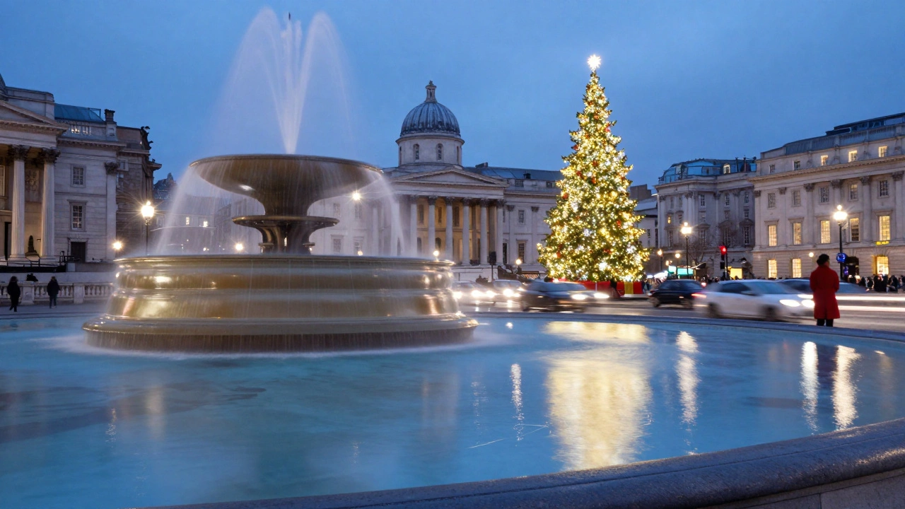 Winter night in Trafalgar Square with glowing Christmas tree and mirrored fountains.