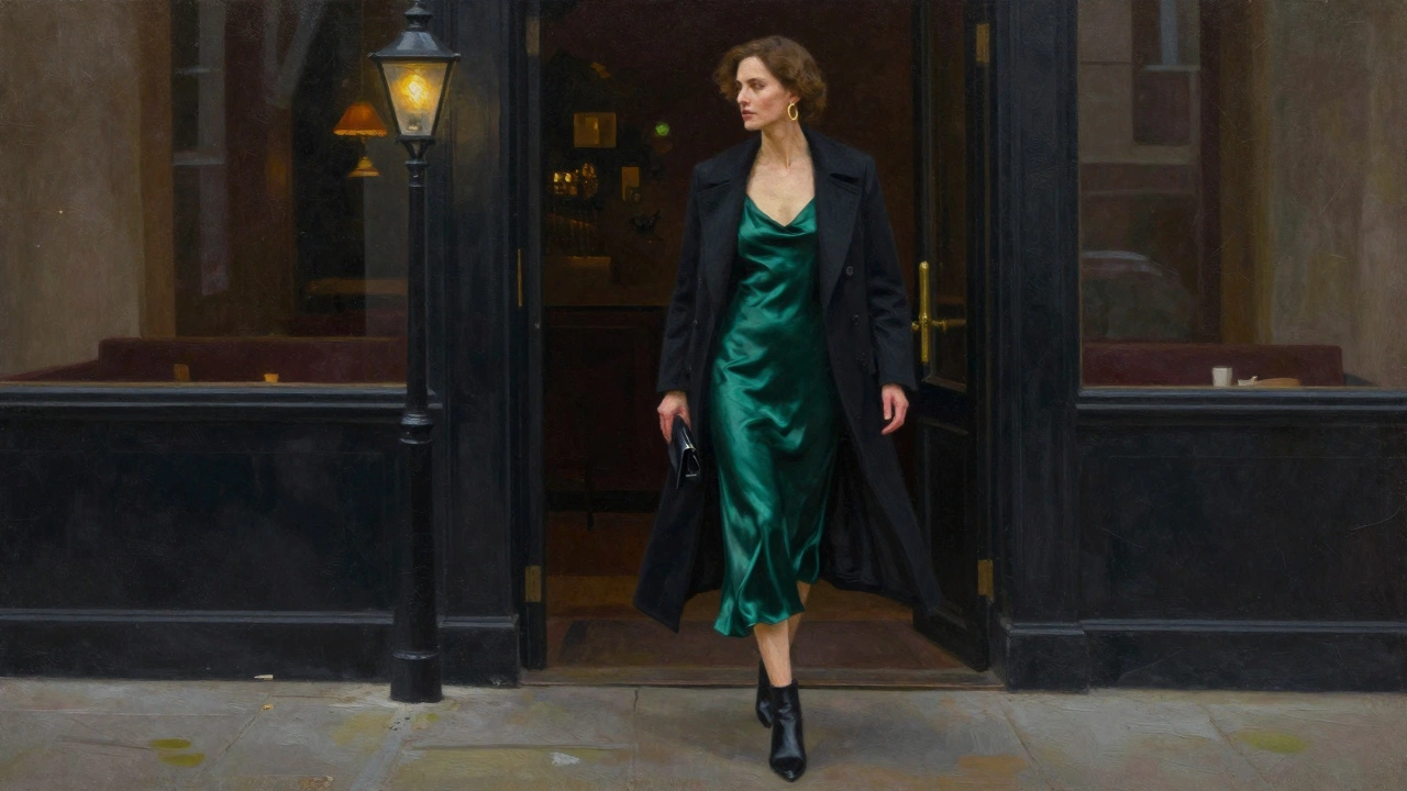 Woman in emerald silk dress and black wool coat entering a Mayfair restaurant.