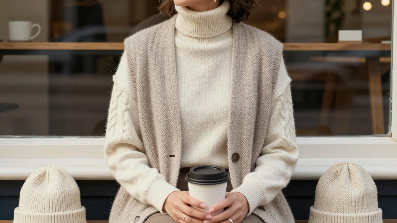 Woman wearing layered textured knits in neutral tones, natural light highlighting fabric details.