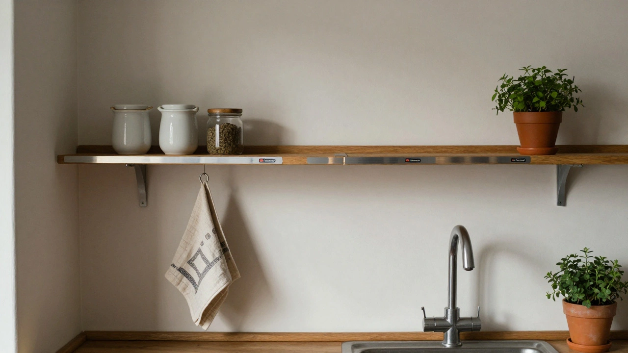 Wooden shelf mounted with adhesive strips above a kitchen sink, holding herbs and spices.