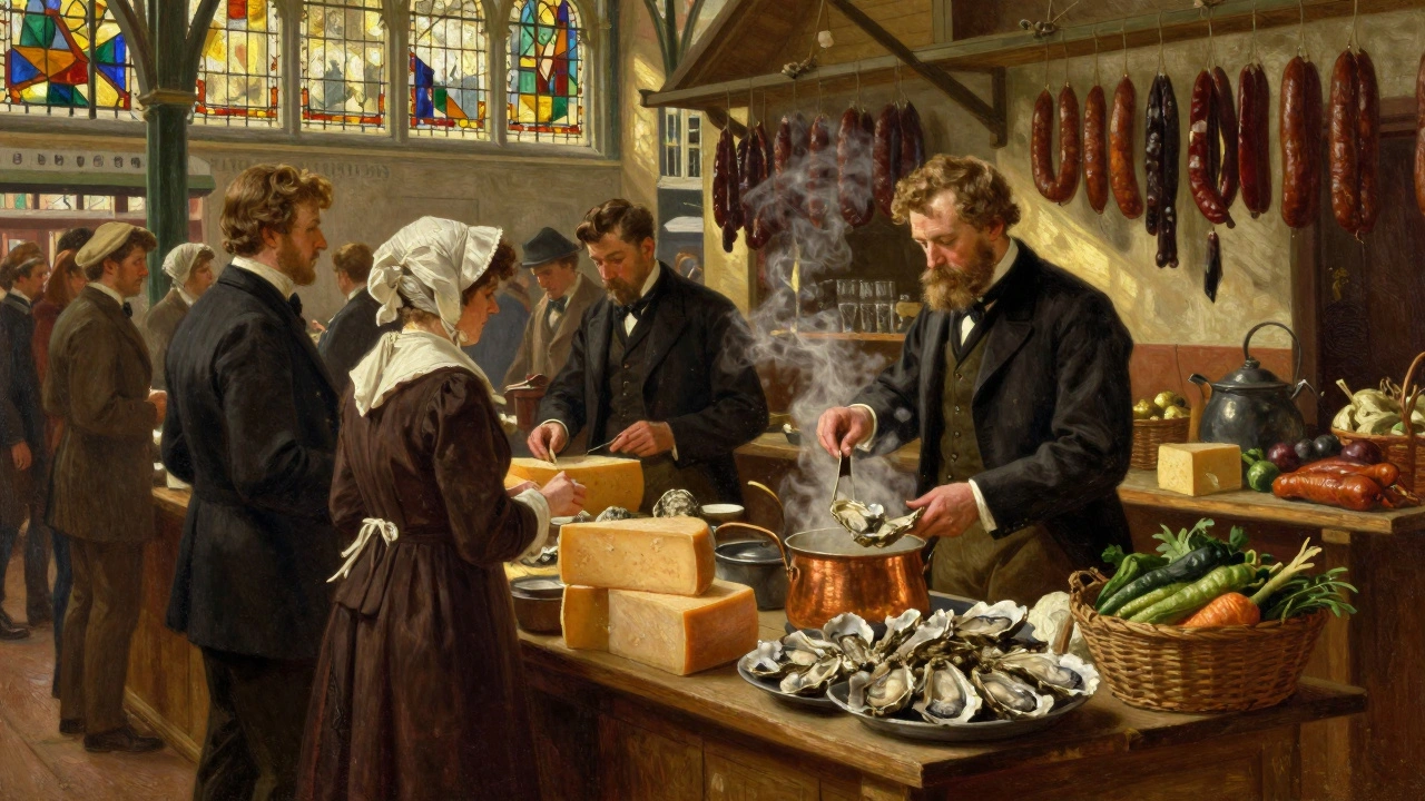 19th-century Borough Market with vendors selling cheese and oysters under warm morning light.