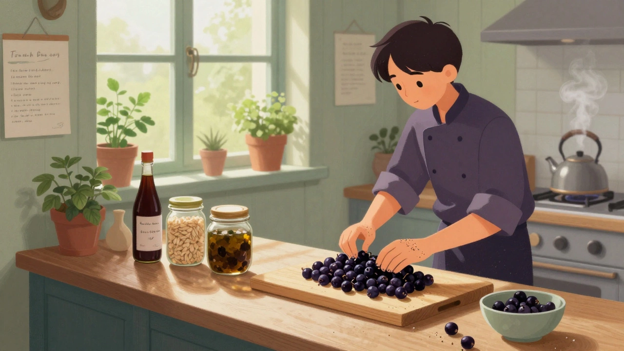 A chef preparing fermented blackcurrant koji on a wooden counter with jars of local miso and shoyu, morning light streaming in.