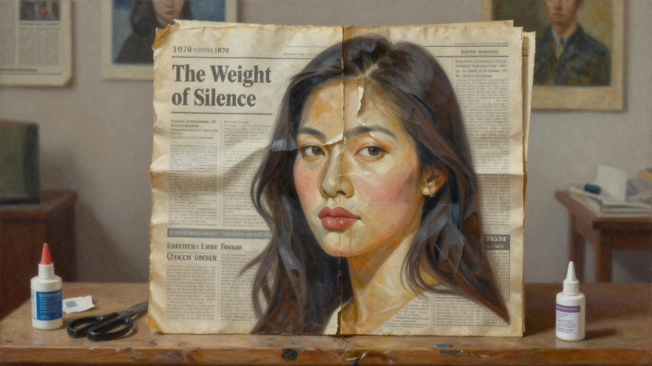 A delicate portrait made entirely from folded vintage Vietnamese newspapers, lit by soft natural light.