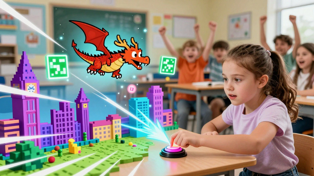 A girl launching her Scratch game with floating code blocks around her