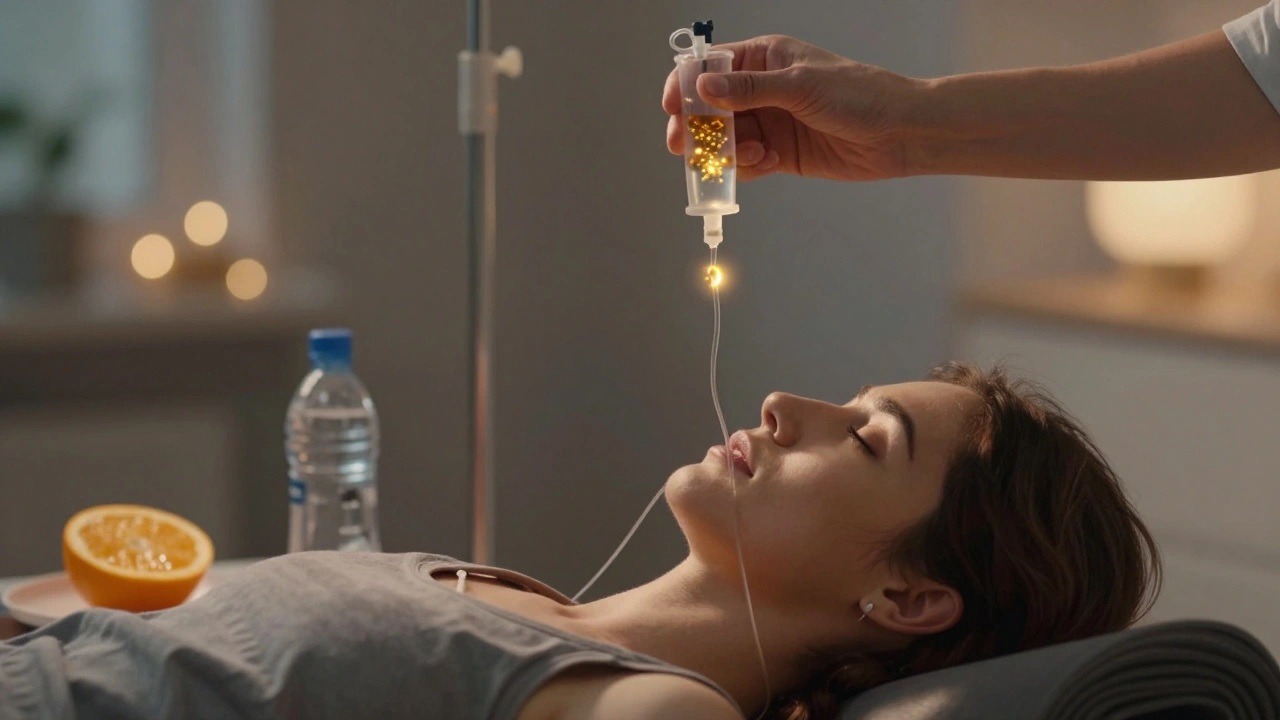A glowing IV infusion of vitamins flowing into a person’s bloodstream in a calm wellness space.