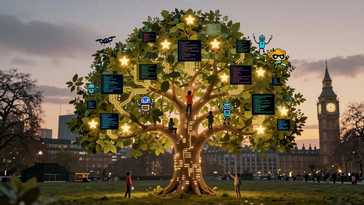 A glowing tree made of code and robots in a London park at twilight