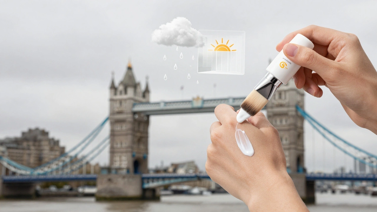A hand applying tinted sunscreen with a brush over makeup, surrounded by abstract elements of London weather and UV light.
