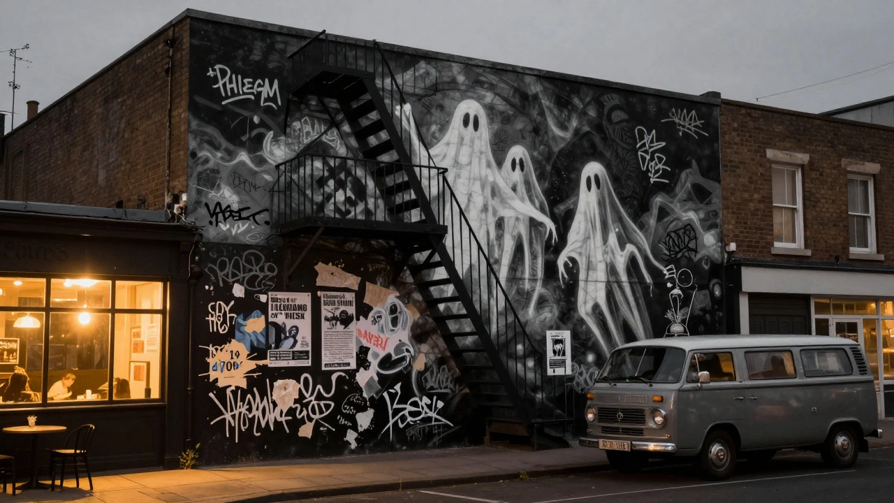 A haunting black-and-white mural of ghostly figures on a brick wall in a London alleyway.