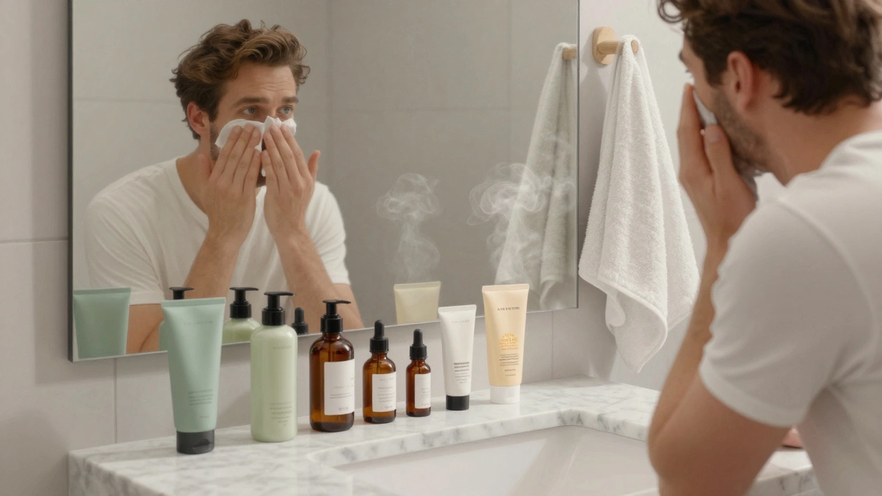 A man’s seven-step skincare routine displayed neatly on a marble bathroom counter with morning light.
