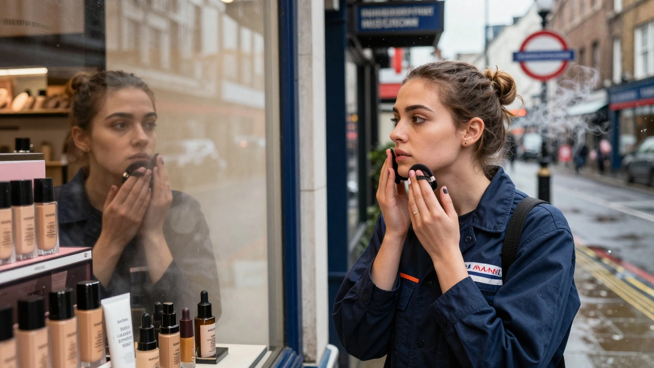 A woman applying matte powder outside a London Tube station, her flawless makeup lasting through rain and commute.