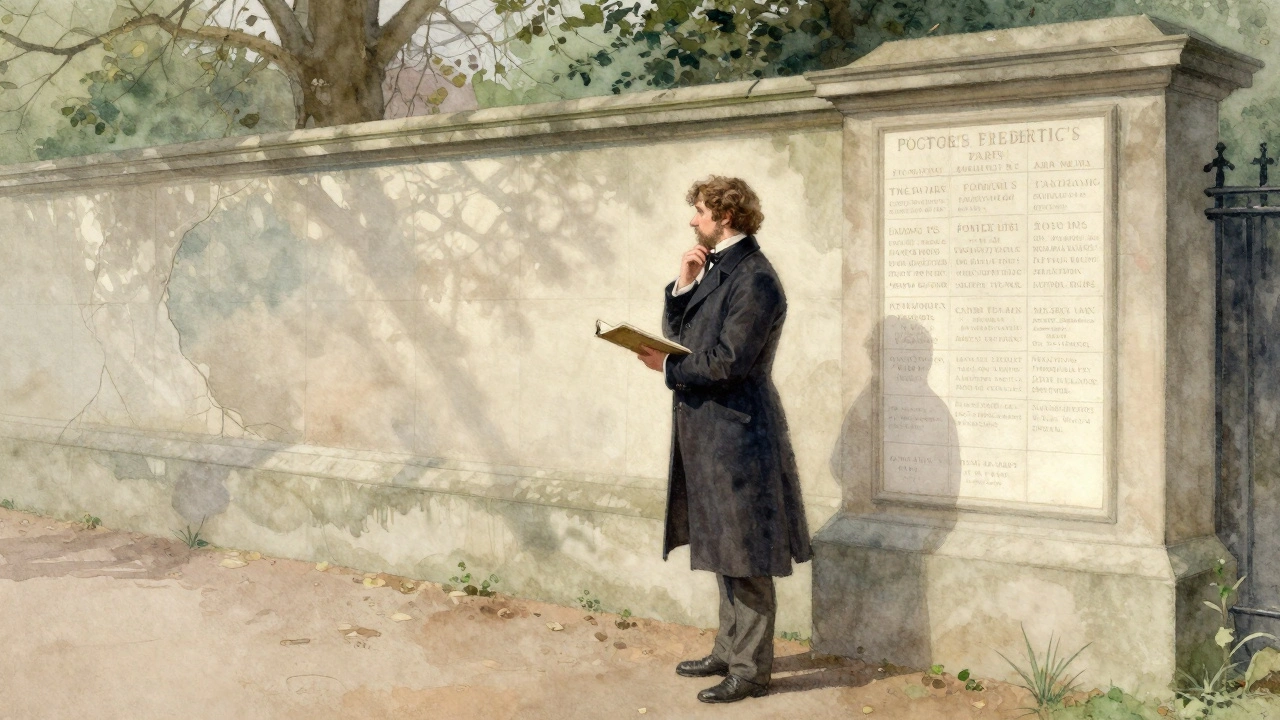 An artist in Victorian dress sketches the memorial wall in Postman’s Park, surrounded by an unfinished stretch of empty space and soft watercolor tones.