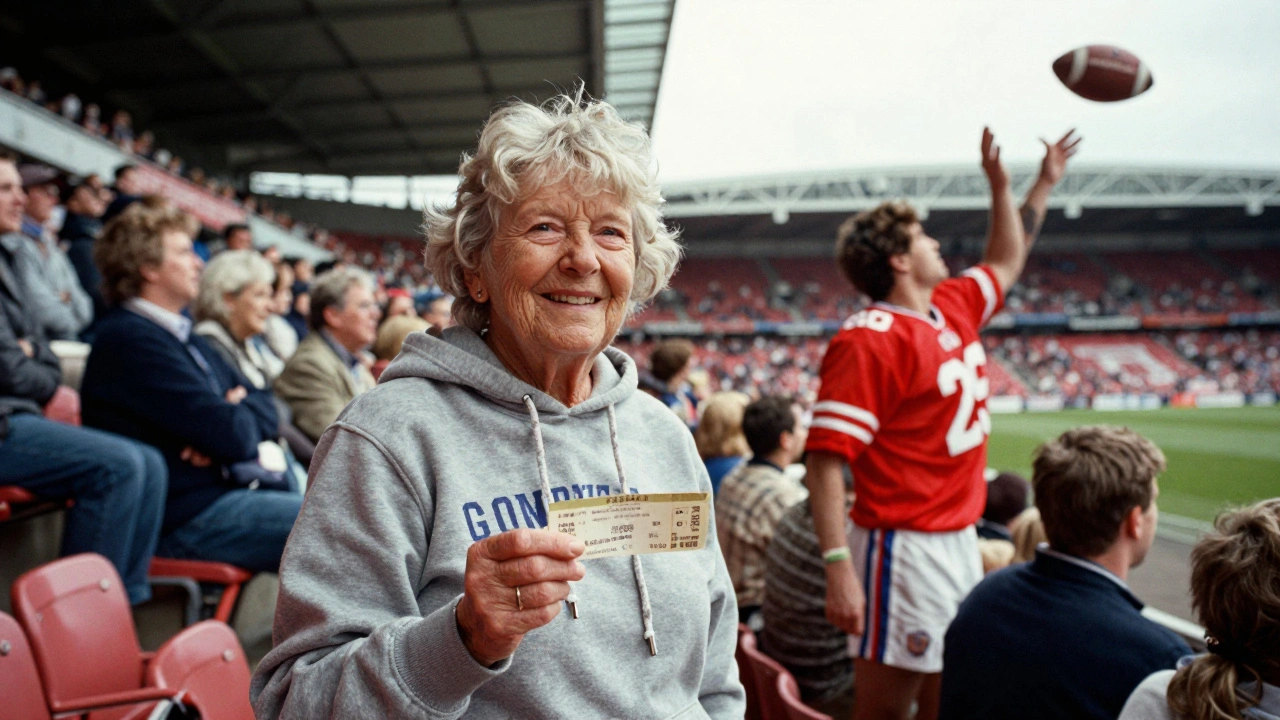 An elderly British woman in a Cowboys hoodie celebrating a touchdown at Wembley Stadium in 2014.