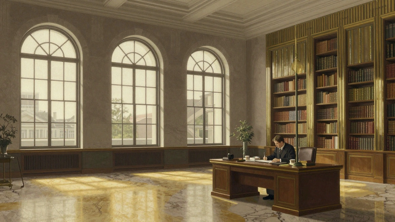 Art Deco reading room with natural light and a solitary person working at a wooden desk.