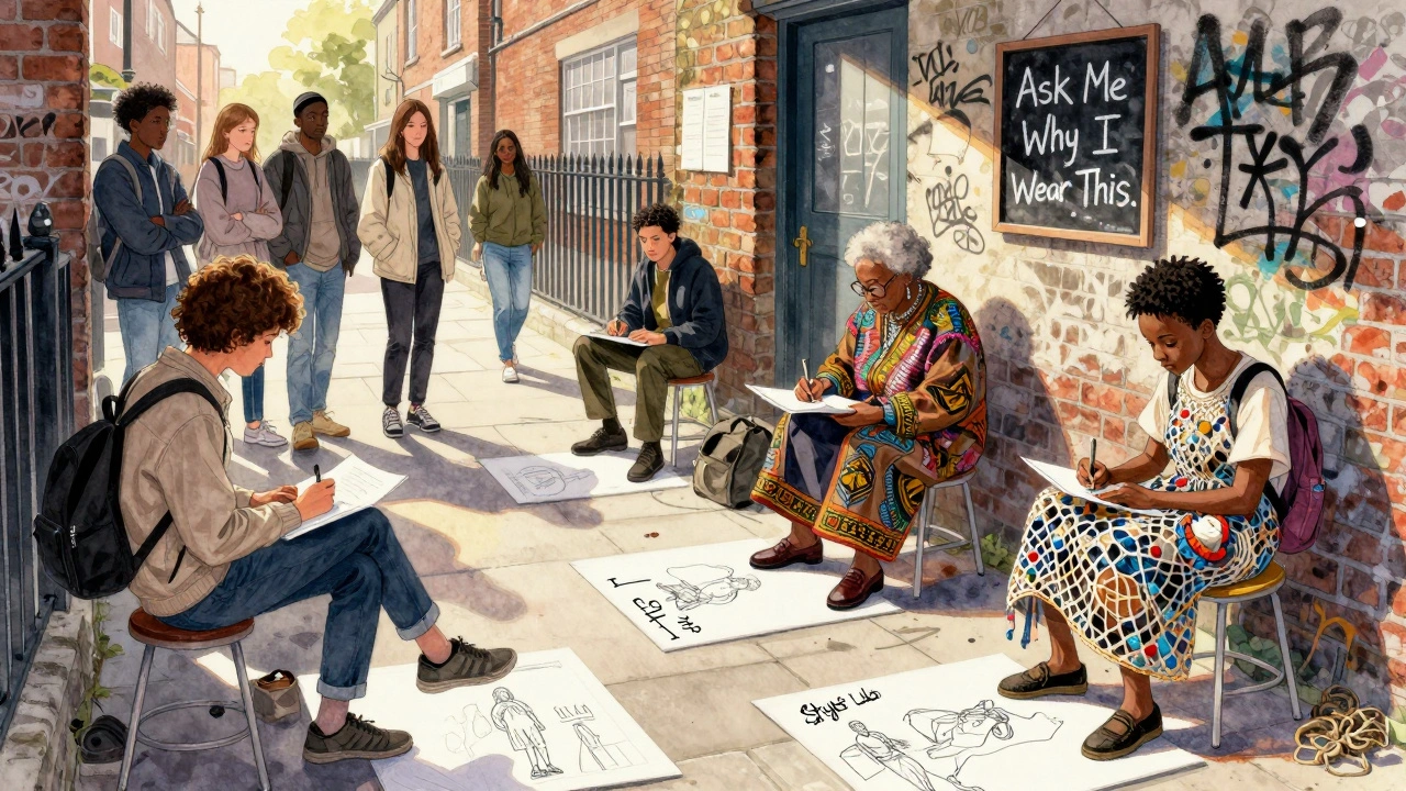 Art students sketching passersby in Camden, capturing diverse personal fashion stories.