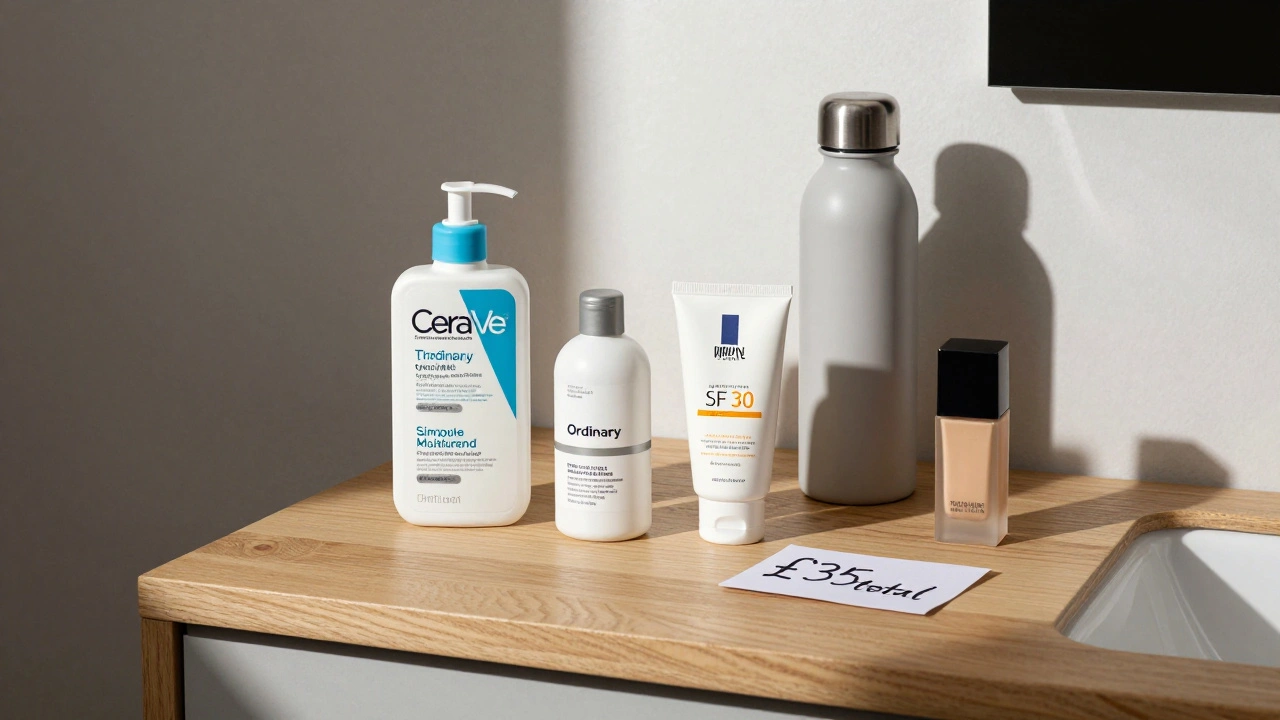 Budget beauty routine on a bathroom counter: cleanser, niacinamide, moisturiser, SPF, and foundation totaling under £36.