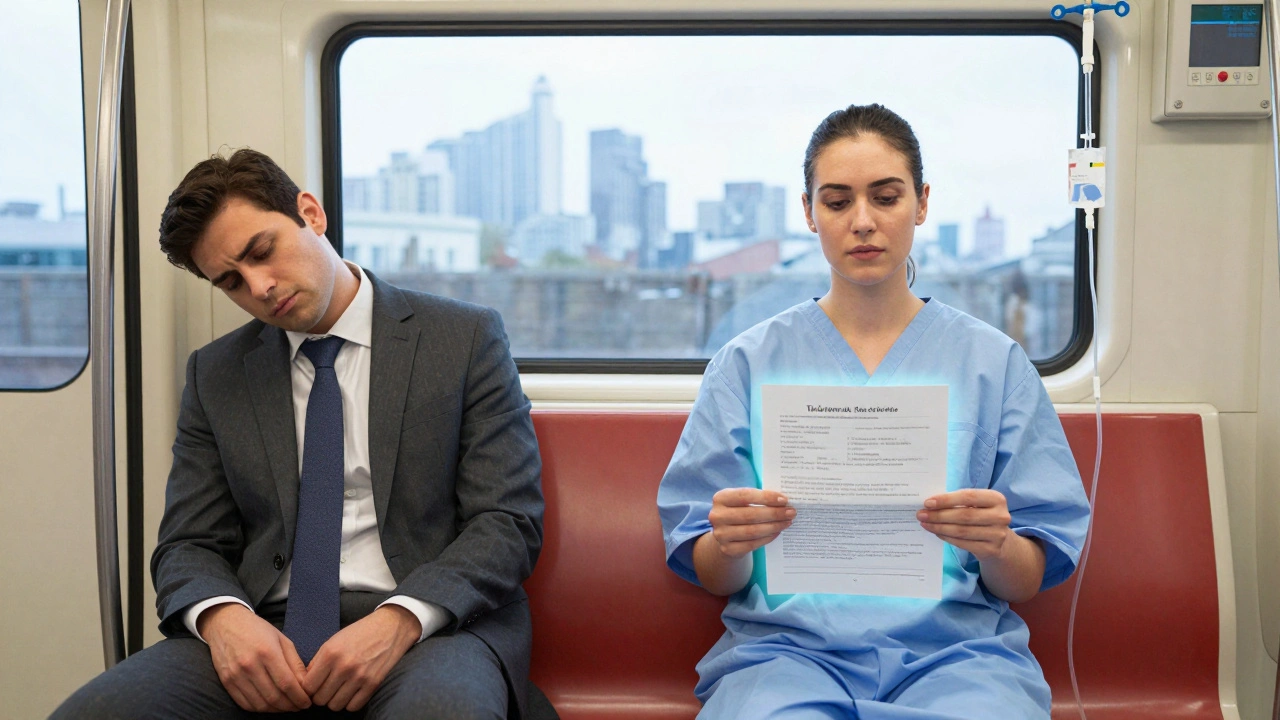 Contrasting image of a tired commuter versus a revitalized person after an IV drip in London.