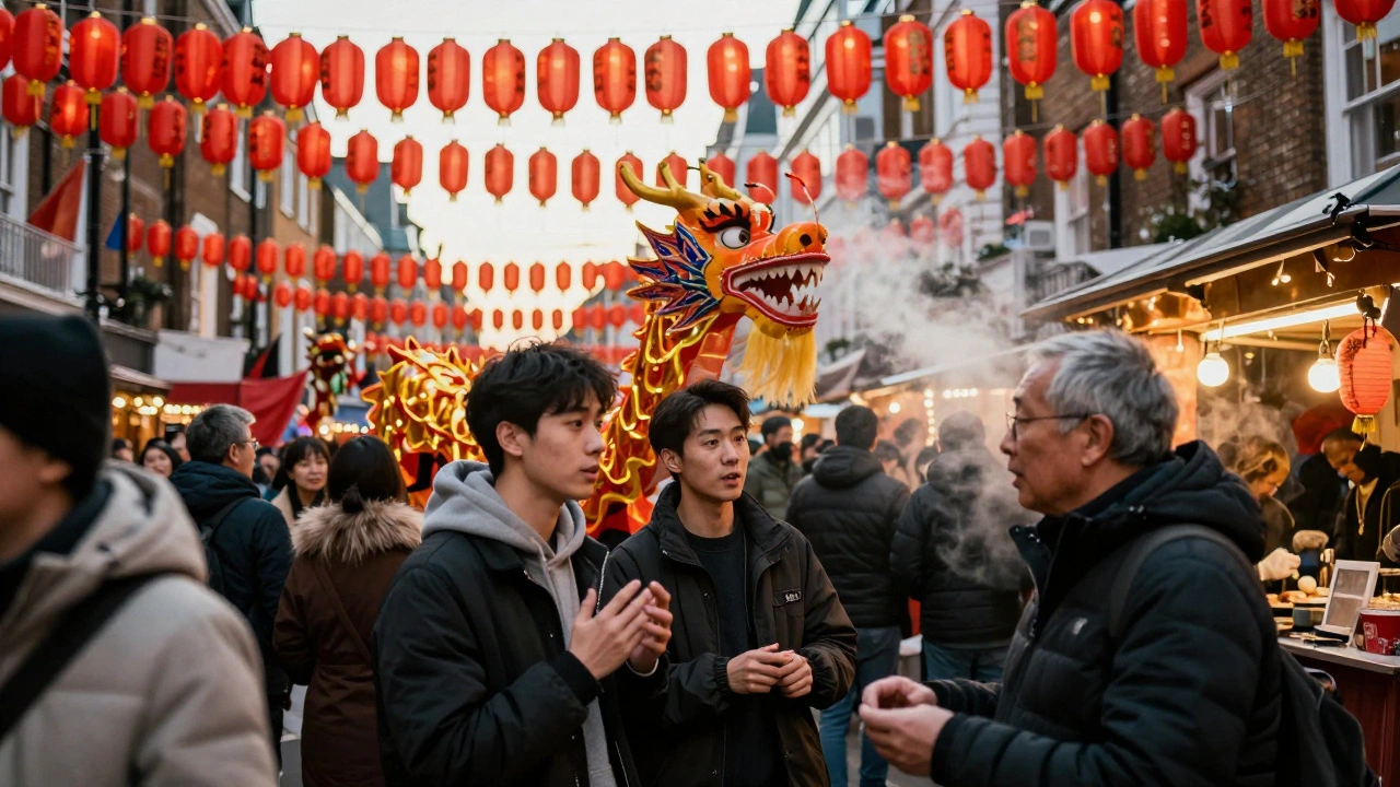 Crowd at a colorful festival with lanterns and a dragon dance, people speaking different languages.