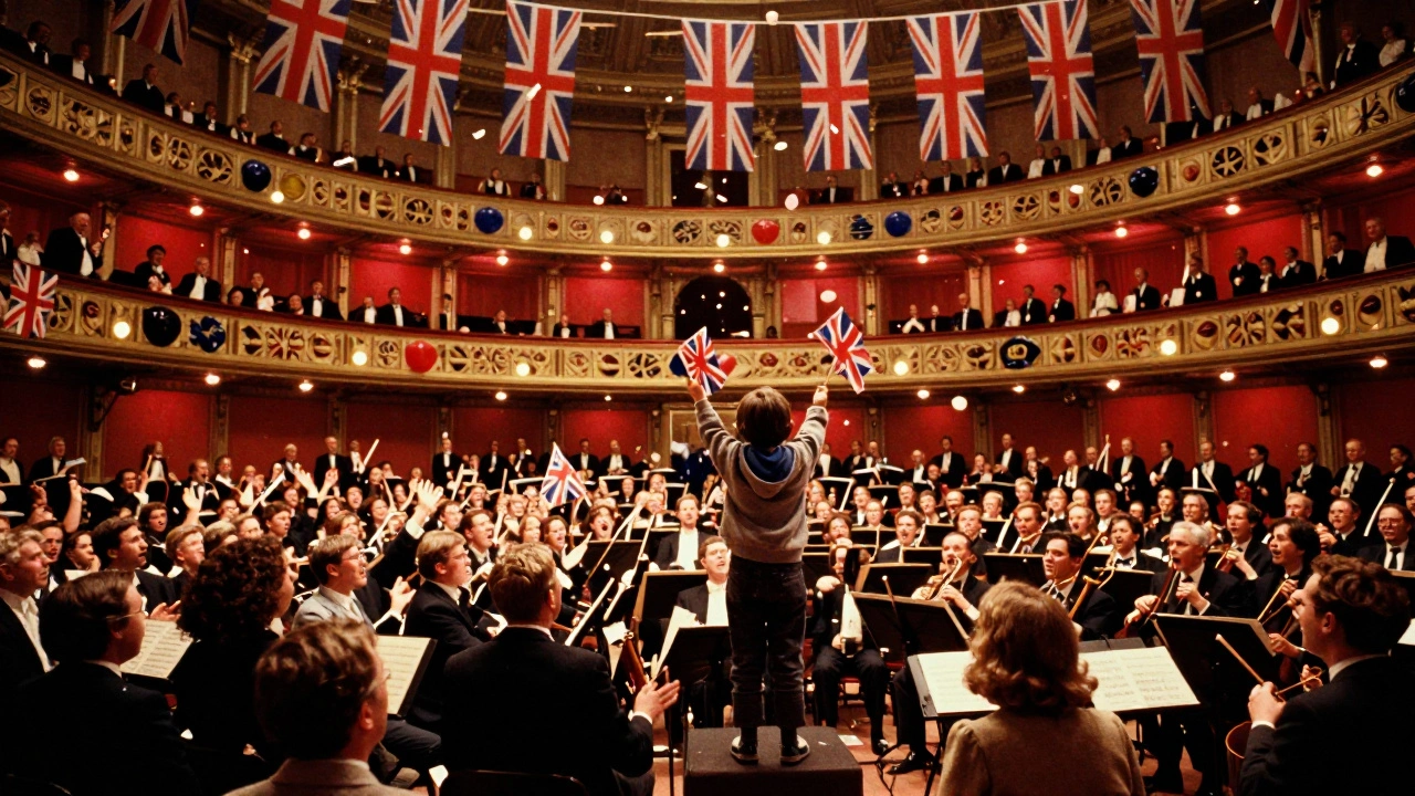 Crowd singing and waving Union Jack flags during the Last Night of the Proms, with jelly babies falling through the air in a joyful chaos.