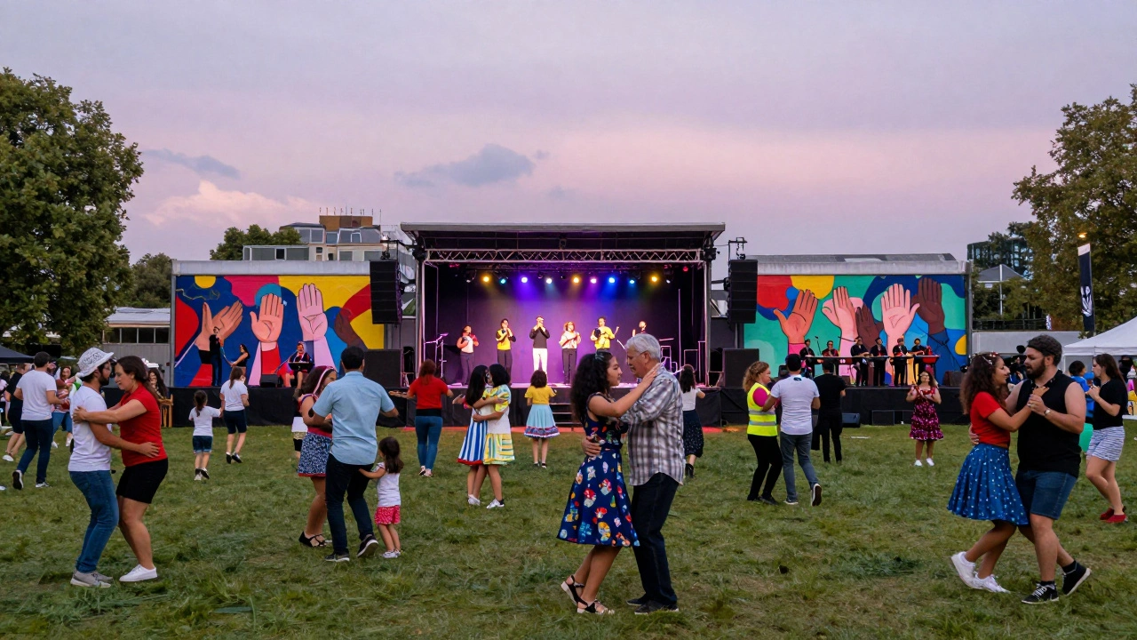 Diverse crowd dancing at London Latin Music Festival in Victoria Park under twilight skies.