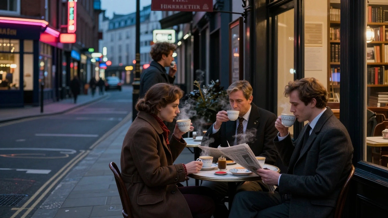 Group of well-dressed people drinking coffee at The Wolseley at 3 AM, neon glow reflecting on wet pavement.