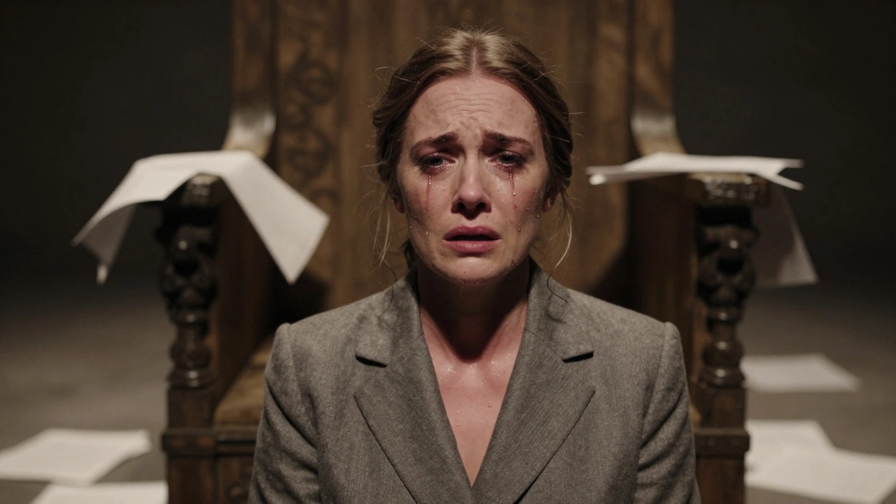 Harriet Walter as King Lear, face tear-streaked, in a modern suit, standing before an empty throne.