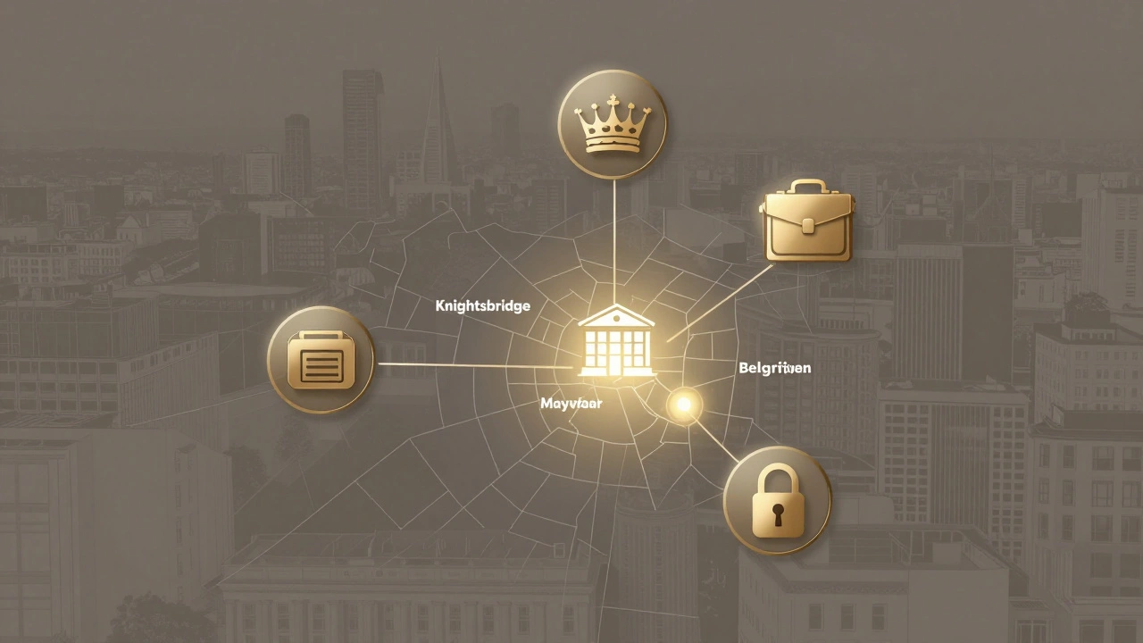 Map of central London highlighting elite neighborhoods with symbolic icons representing wealth, security, and education.